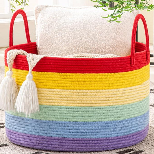 KAKAMAY Large Blanket Basket (20"x13"),Woven Baskets for storage Baby Laundry Hamper, Cotton Rope Blanket Basket for Living Room, Laundry, Nursery, Pillows, Baby Toy chest (Rainbow)-VerdiqueGarden