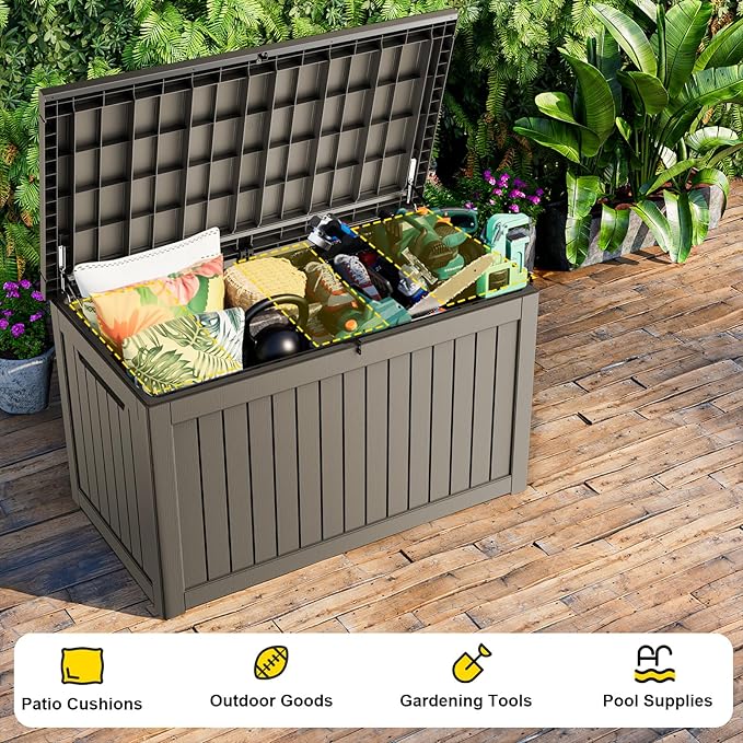 230 Gallon Outdoor Deck Box,Storage Lockable Waterproof Patio Furniture,Garden Tools,Cushions,Pool Accessories Outside Storage Resin Box(Grey)-VerdiqueGarden