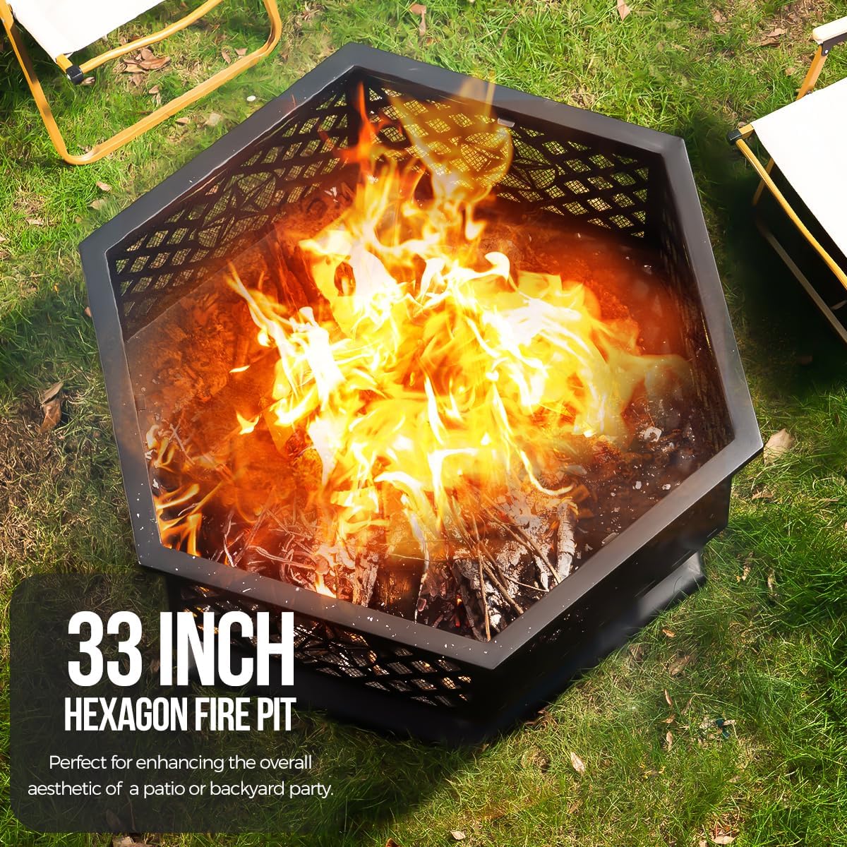33 Inch Outdoor Fire Pit, Hexagon Shaped Wood Burning Fire pits for Outside, Metal Firepit with Fire Poker&Mesh Cover for Bonfire, Patio, Yard, Garden,Beach and Camping (33'' Black)-VerdiqueGarden