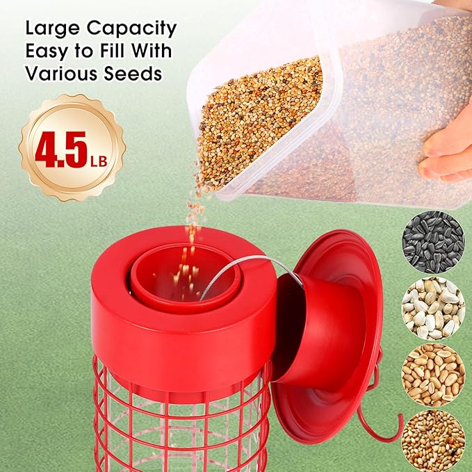 Squirrel Proof Bird Feeder for Outdoors, Weatherproof Metal Feeder, 4.5 lb Large Capacity, Weight-Activated Perches, Hanging Feeder for Cardinals, Finches, Wild Birds, Red-VerdiqueGarden