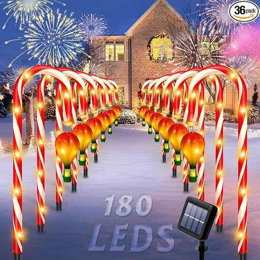 12 Pack Outdoor Solar Christmas Decorations, 180 Bright LED Solar Candy Cane Christmas Lights 8 Lighting Modes, Waterproof Outside Xmas Decorations with Lantern Decor Lights for Pathway Yard Garden-VerdiqueGarden