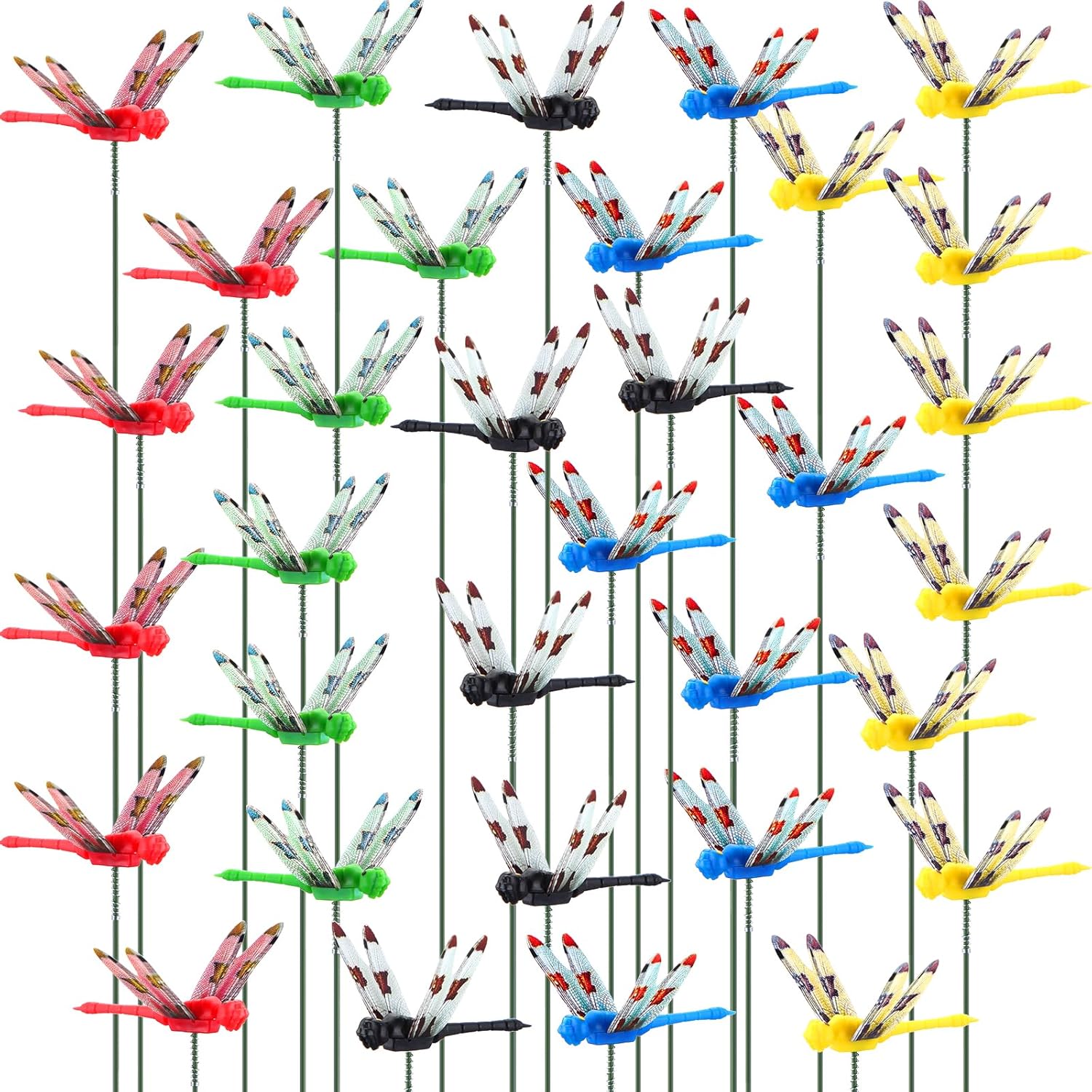 Leinuosen 100 Pcs 2.36" 3D Dragonfly Garden Stakes, Long Dragonfly Stakes Garden Decor Indoor Outdoor Yard Ornaments Flower Pot Patio Decoration(Red, Yellow, Blue, Green, Black)-VerdiqueGarden