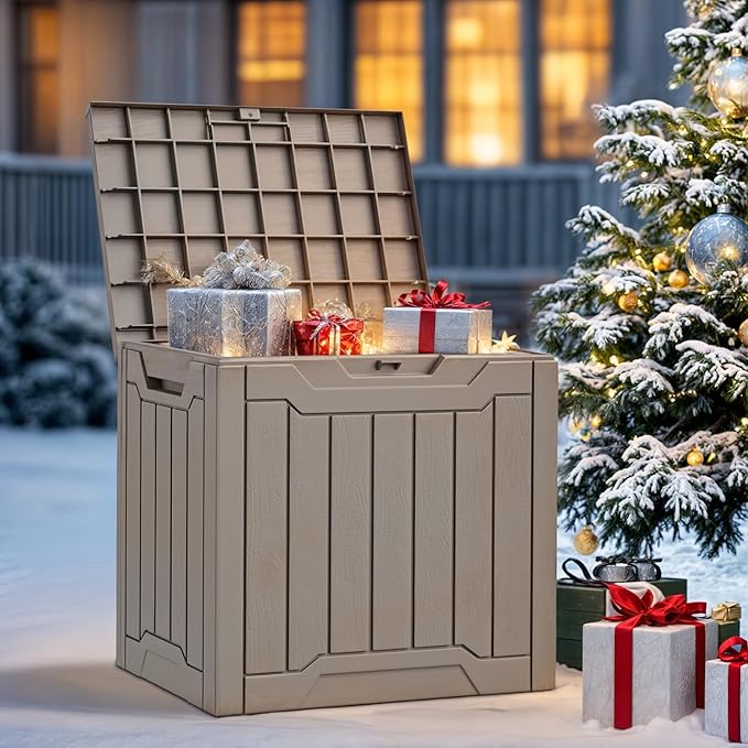 YITAHOME 31 Gallon Outdoor Storage Box, Resin Deck Box and Waterproof Package Delivery Box for Gardening Tools, Pool Supplies, Patio Furniture, Lockable, Taupe-VerdiqueGarden