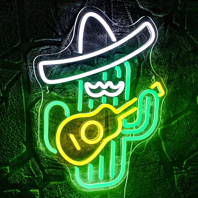 WLHOPE Cactus Neon Sign Cowboy Hat Neon Signs Green Led Neon Signs for Wall Decor, Guitar Cactus Neon Led Signs USB Anime Neon Light for Bedroom Game Room Kids Room Home Bar Party Shop Gift-VerdiqueGarden