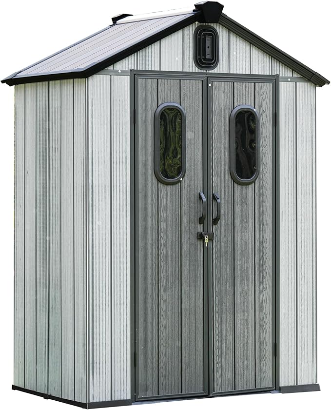 Domi 5x3 FT Outdoor Resin Storage Shed, All-Weather Double-Wall Storage Building for Backyard, Garden, Lawn Tools, Mower, Bike & Pool Equipment, Lockable Doors, Ventilated Roof, Grey-VerdiqueGarden