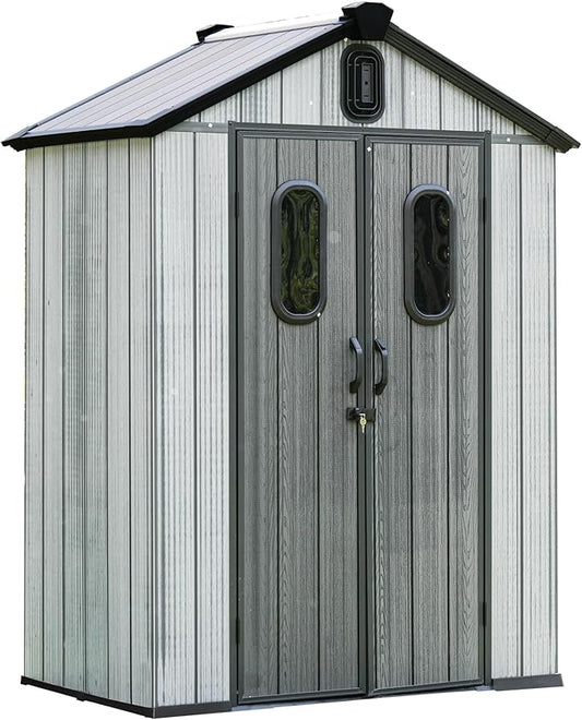 Domi 5x3 FT Outdoor Resin Storage Shed, All-Weather Double-Wall Storage Building for Backyard, Garden, Lawn Tools, Mower, Bike & Pool Equipment, Lockable Doors, Ventilated Roof, Grey-VerdiqueGarden