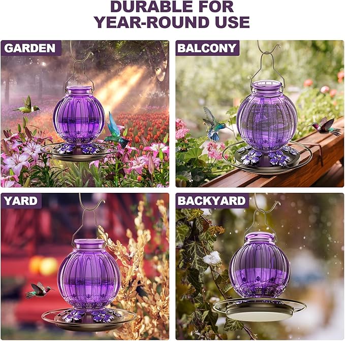 Glass Hummingbird Feeder for Outdoors Hanging, Bird Nectar Feeder with Perch & 5 Flower Feeding Ports, 26 Oz Leak Proof for Outside Garden Decor Backyard, Gifts for Women Mom, Purple-VerdiqueGarden