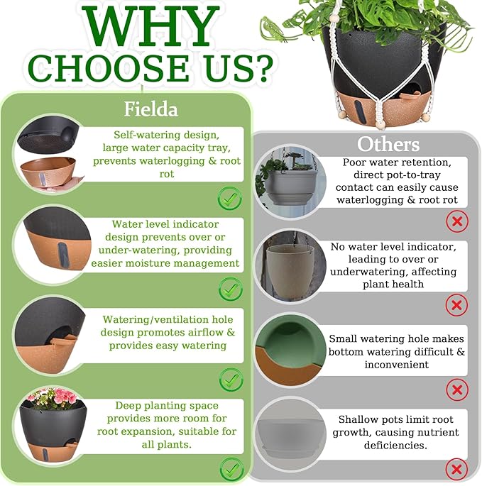 10 Inch Hanging Planters for Indoor Plants, 2 Pack Self Watering Hanging Baskets Flower Pots with Drainage Hole, Visual Reservoir & 2 Kinds of Plant Hanger for Outdoor Garden Home Decor（Black）-VerdiqueGarden