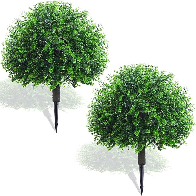 Yunlly 2 Pcs 18 Inch Artificial Boxwood Ball Topiary Tree Fake Outdoor Plants Bush, UV Resistance Faux Shrubs with Spike Realistic Greenery Potted for Indoor Garden Yard Porch Patio Decor (Green)-VerdiqueGarden