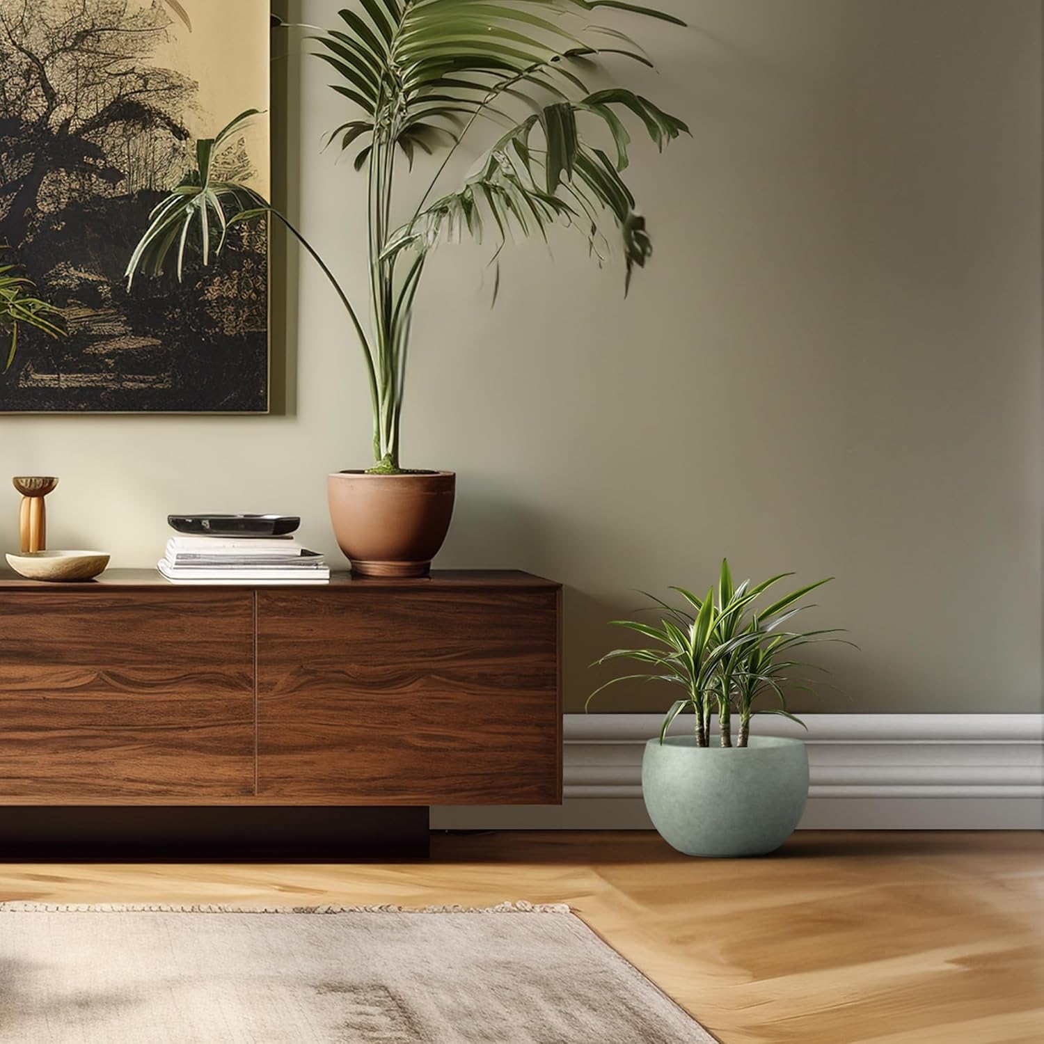 Kante 19.9" Dia Round Concrete Planter, Outdoor/Indoor Large Bowl Plant Pots with Drainage Hole and Rubber Plug for Garden Patio Balcony Home, Mint Green-VerdiqueGarden