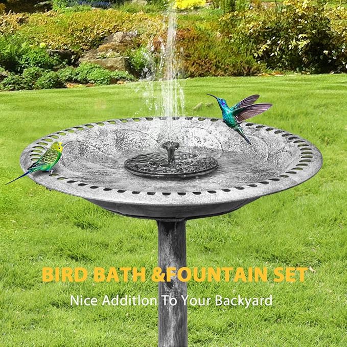 VIVOHOME Polyresin Antique Outdoor Gray Garden Bird Bath and Solar Powered Round Pond Fountain Combo Set-VerdiqueGarden