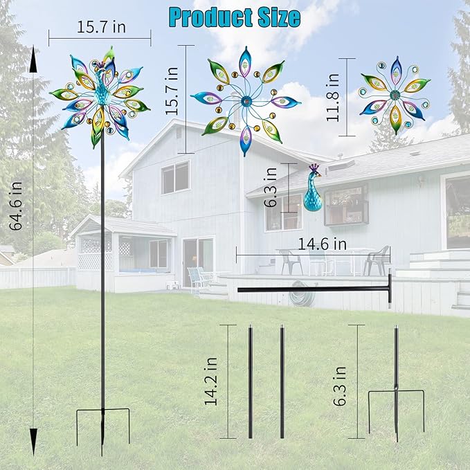 DREAMYSOUL 15.7" D*65”H Metal Peacock Wind Spinners Double Sided Kinetic Wind Sculptures Outdoor Metal Windmill for Garden Yard Decor-VerdiqueGarden
