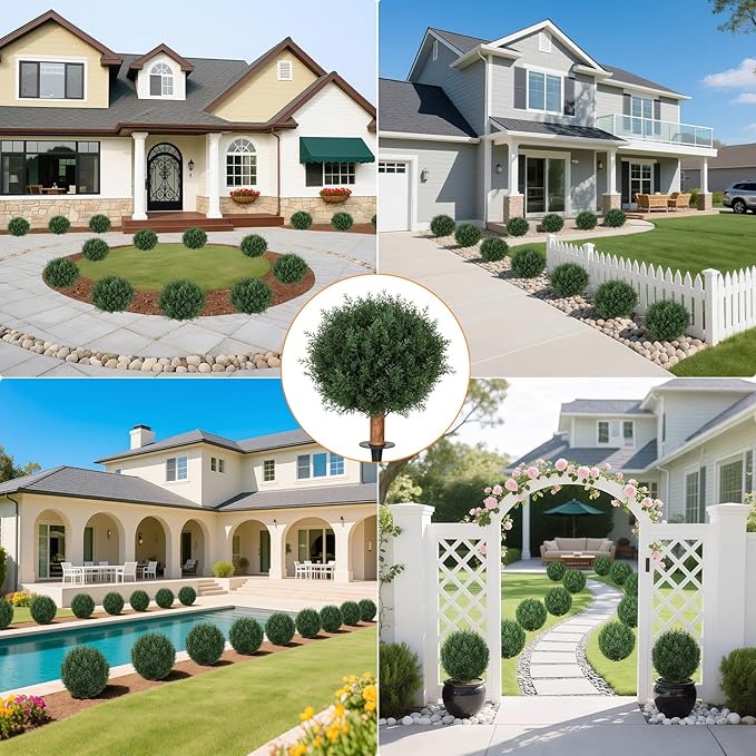 Artificial Cedar Topiary Ball Trees with Ground Spike, 24.6 inche Tall UV-Resistant Fake Outdoor Plants Evergreen Shrubs, Realistic Faux Pine Bushes for Front Porch Home Patio Garden, Set of 4-VerdiqueGarden
