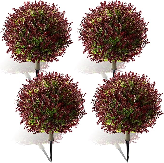 Yunlly 4 Pcs 18 Inch Artificial Boxwood Ball Topiary Tree Fake Outdoor Plants Bush, UV Resistance Faux Shrub with Spike Realistic Greenery Potted for Indoor Garden Yard Porch Patio Decor (Purple Red)-VerdiqueGarden