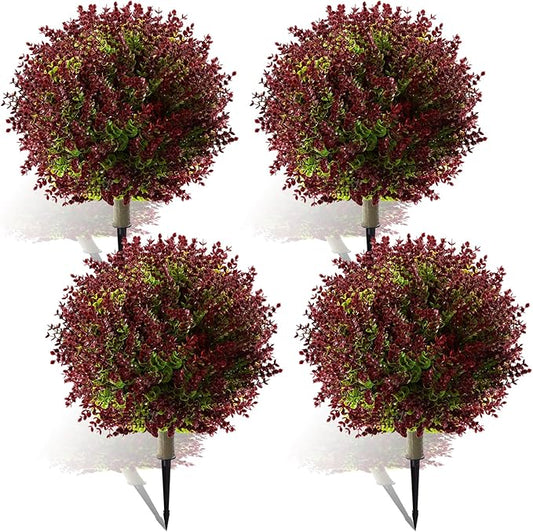 Yunlly 4 Pcs 18 Inch Artificial Boxwood Ball Topiary Tree Fake Outdoor Plants Bush, UV Resistance Faux Shrub with Spike Realistic Greenery Potted for Indoor Garden Yard Porch Patio Decor (Purple Red)-VerdiqueGarden