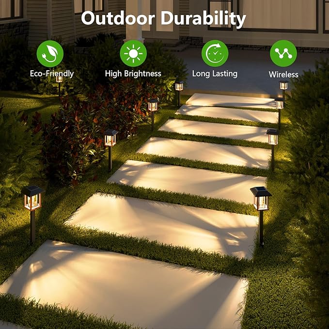XMCOSY+ Solar Lights Outdoor Waterproof IP65, 25 LM Garden Light for Yard Pathway, Dual-Tone LED Lights with Seed Glass Metal, Solar Powered Landscape Walkway Pathway Decor Lighting (Warm White)-VerdiqueGarden