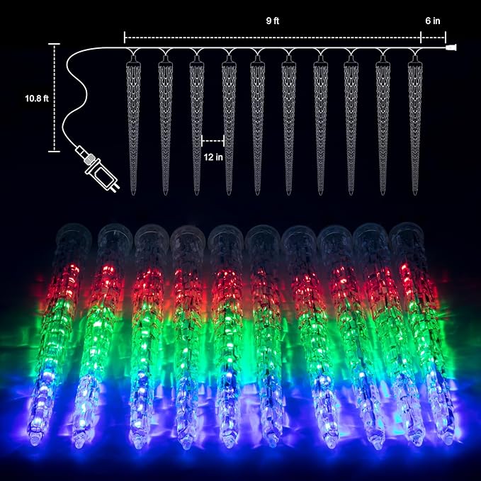 Icicle Lights Outdoor, 10 Ft Meteor Shower Lights with 10 Ice Shaped Tube, Snowfall Shooting Star Light Effect, Falling Crystal Christmas Decorations for House Eave Roofline Patio, Multicolor-VerdiqueGarden