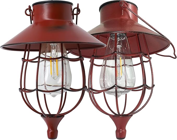 YAKii 2 Pack Solar Lantern Hanging Waterproof Outdoor Metal Solar Lamp with Warm White Light Decorate for Yard Garden Pathway Patio Porch Decor (Red)-VerdiqueGarden
