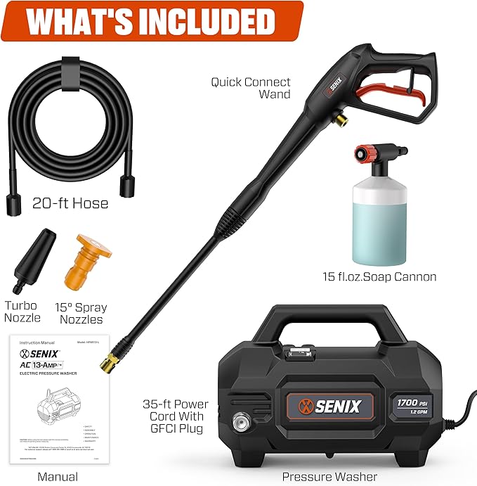 SENIX 13 Amp Electric Pressure Washer - 2100 PSI MAX, 1.2 GPM, Compact with Foam Cannon, Spray Gun, 20-ft Hose, Turbo Nozzle, and 15° Spray Nozzles - Perfect for Cars and Driveways-VerdiqueGarden