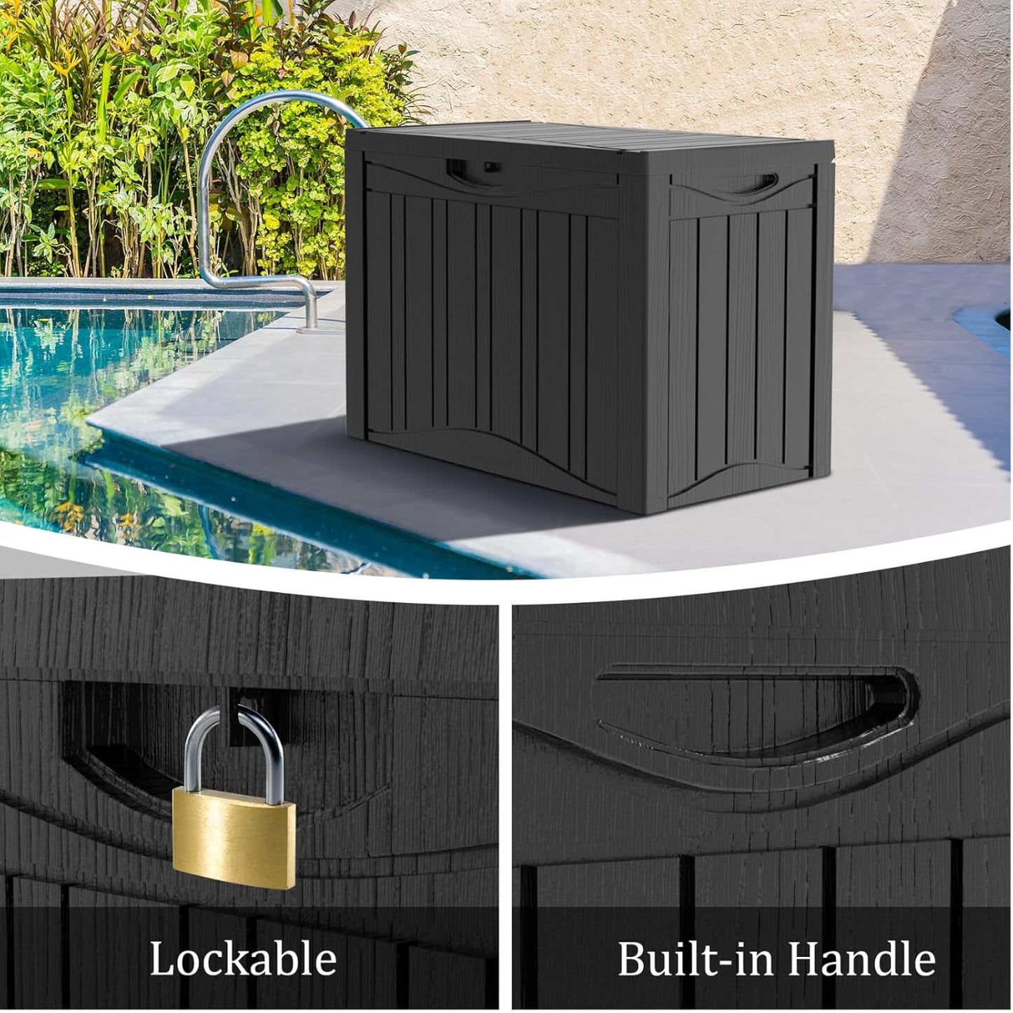 50 Gallon Heavy Duty Outdoor Deck Box with Lockable Lid, All Weather Waterproof Storage for Patio Cushions, Pool Toys, Garden Tools - Rust-Proof Resin Design (Black)-VerdiqueGarden