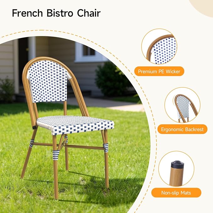 3 Piece French Wicker Bistro Set, Patio Bistro Set with Table and 2 Dining Chairs, All Weather ‎Outdoor ‎Bistro Set with Aluminum Frame, Outdoor Patio Set for Patio Porch Cafes Yard, Navy and White-VerdiqueGarden