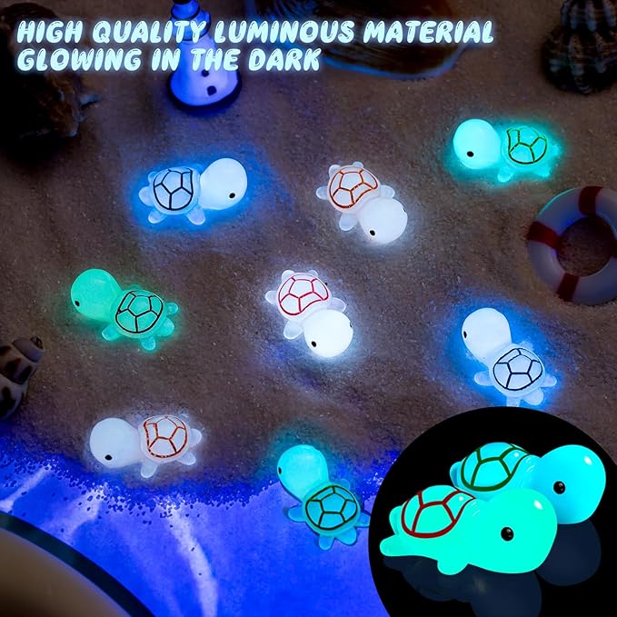 102PCS Luminous Mini Resin Turtles Sea Turtles Figurines Glow in The Dark, Cute Tiny Turtles Bulk for Cake Toppers Ocean Animal Theme Decor Garden Micro Landscape DIY Hidden Game (6 Colors)-VerdiqueGarden