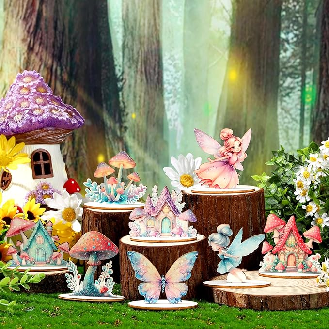 16 Pcs Fairy Party Decorations Wooden Fairies Centerpieces Table Topper Vintage Fairies Mushroom Butterfly Decorations for Home Table Woodland Forest Birthday Party Decor-VerdiqueGarden
