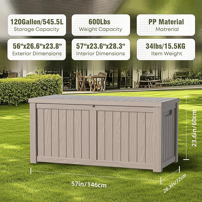 DRATO 120 Gallon Large Deck Box, Outdoor Storage Box for Patio Furniture, Patio Cushions, Gardening Tools, Pool Supplies,660lbs Weight Capacity,Waterproof Resin Storage Boxes-VerdiqueGarden