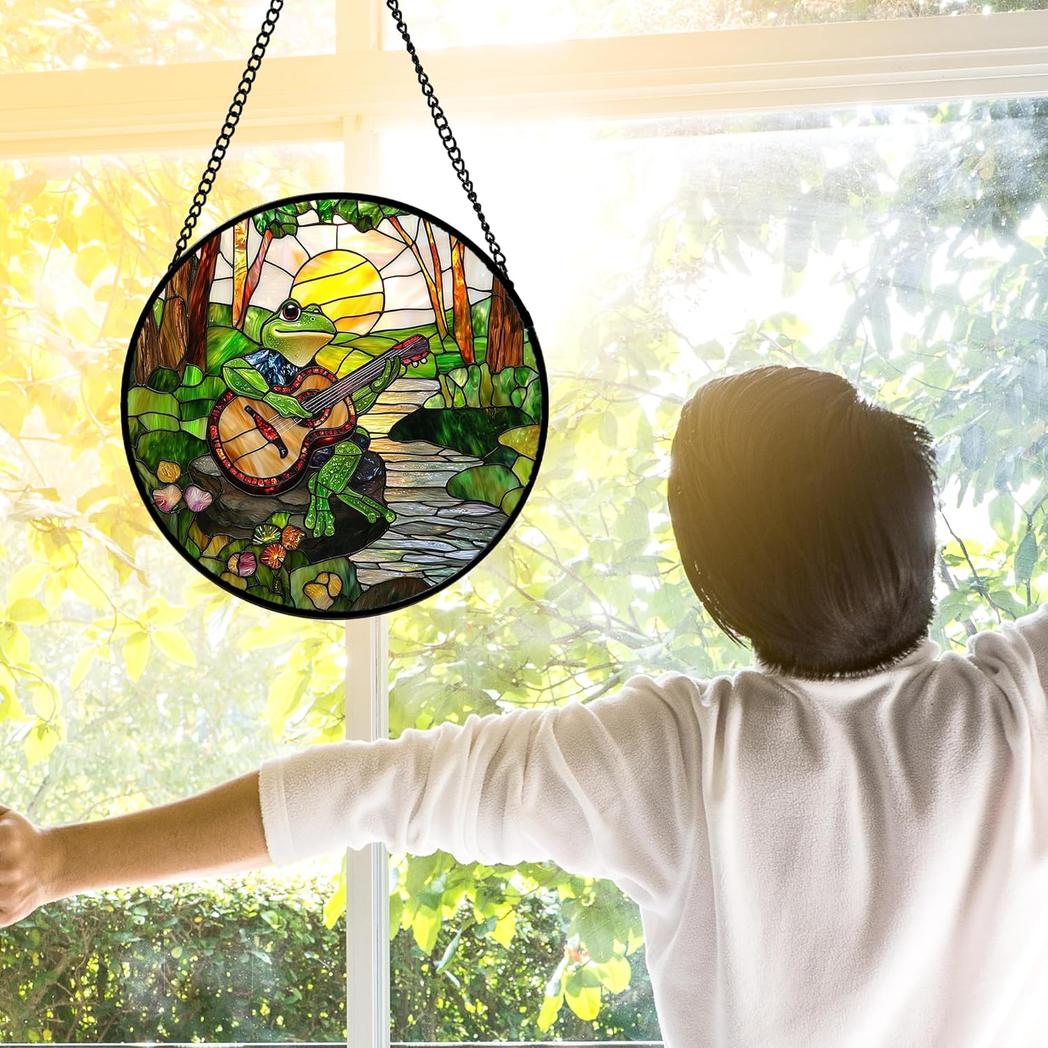 Stained Glass Window Hanging, Frog Playing Guitar Suncatcher Diamond Glass Panel Funny Sun Catchers Decor for Birthday for Women, Men, Wife, Aunt, and Mom 9.8 in-VerdiqueGarden
