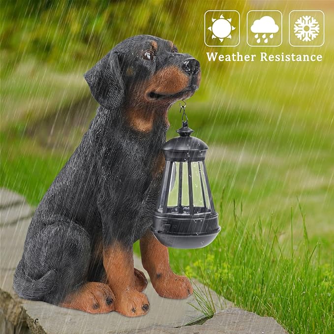 Garden Dog Statues Outdoor Decor, 13" Solar Powered LED Lights Outdoor Statue Garden Decorations Rottweiler Figurine for Patio, Lawn, Yard Art Decoration, Housewarming Garden Gift-VerdiqueGarden