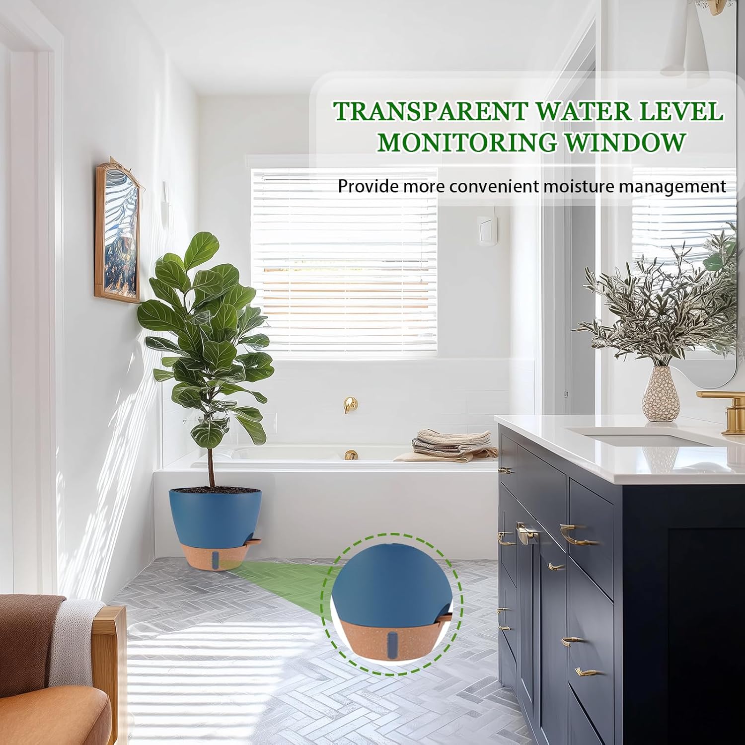 12/10/8 inch Plant Pots, Large Plastic Self Watering Planters with Drainage Holes, Deep Reservoir, Water Level Indicator, Modern Decorative Flower Pots for Indoor Outdoor Plants (Navy Blue, 12/10/8)-VerdiqueGarden