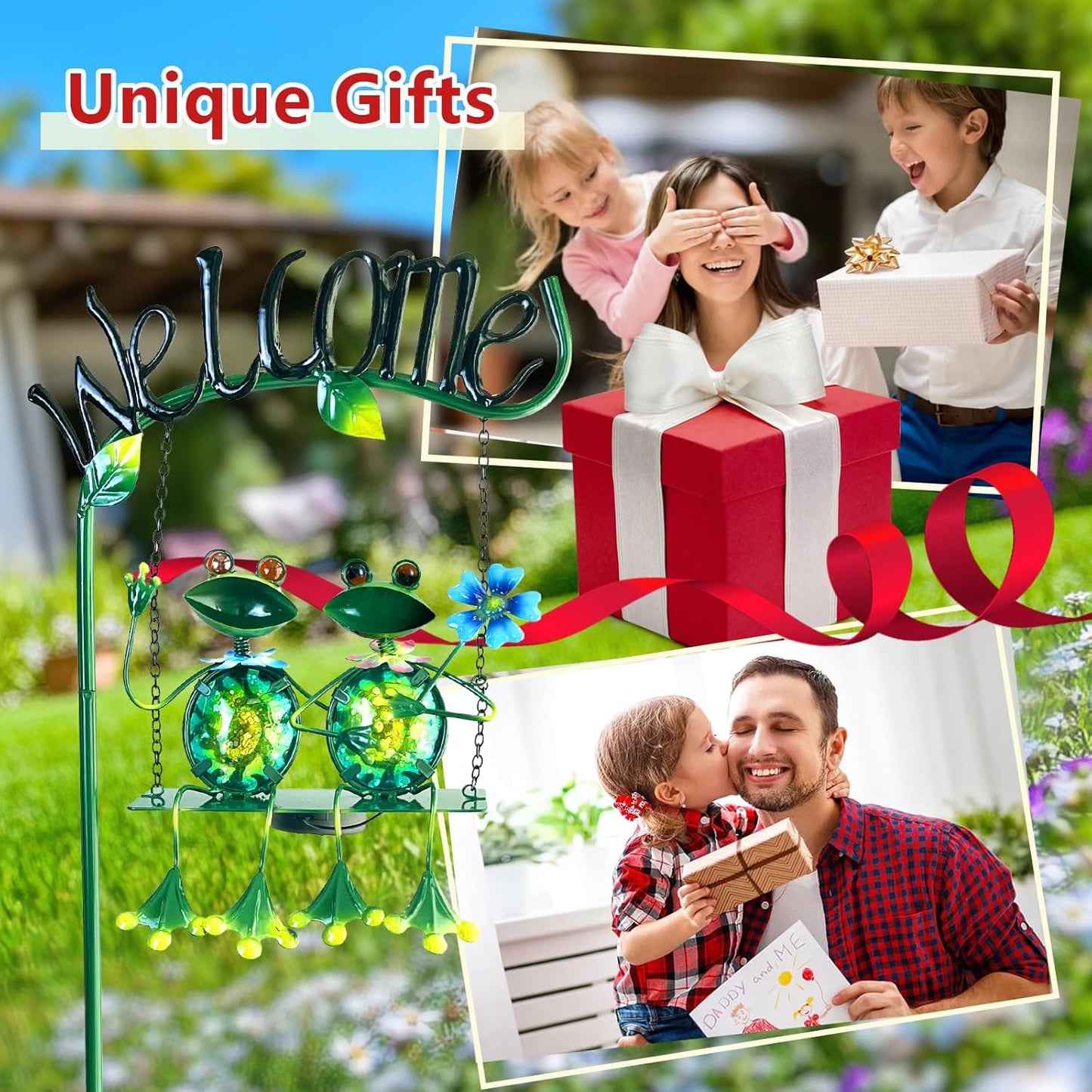 HONGLAND Outdoor Garden Solar Lights,Frog Swing Garden Decor,Frog Decorative Stake with Welcome Sign for Landscape Patio Yard (48 inch)-VerdiqueGarden