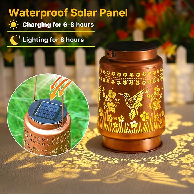 Hummingbird Solar Lanterns Outdoor Waterproof Hanging Solar Lights Gifts for Women Metal LED Lanterns Outside for Garden, Yard, Patio, Lawn, Porch-VerdiqueGarden