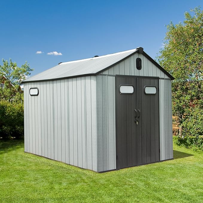 Domi 8x10 FT Outdoor Resin Storage Shed, All-Weather Double-Wall Garden Shed for Backyard, Lawn Tools, Bike, Mower & Pool Equipment with Lockable Doors, Ventilated Roof, Grey-VerdiqueGarden