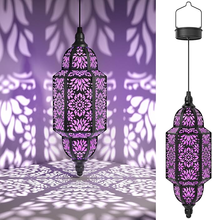 Twinkya Hanging Solar Lights Outdoor Garden Decorative Solar Lantern Waterproof Metal Moroccan Outdoor Decorations for Patio Pathway Yard Porch Backyard Garden Decor (Purple, 1 Pack)-VerdiqueGarden