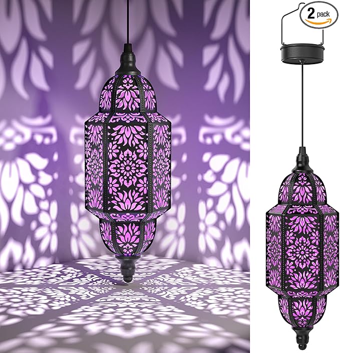 Twinkya 2 Pack Hanging Solar Lights Outdoor Garden Decorative Solar Lantern Waterproof Metal Moroccan Outdoor Decorations for Patio Pathway Yard Porch Backyard Garden Decor (Purple, 2 Pack)-VerdiqueGarden