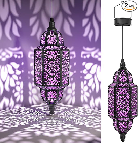 Twinkya 2 Pack Hanging Solar Lights Outdoor Garden Decorative Solar Lantern Waterproof Metal Moroccan Outdoor Decorations for Patio Pathway Yard Porch Backyard Garden Decor (Purple, 2 Pack)-VerdiqueGarden