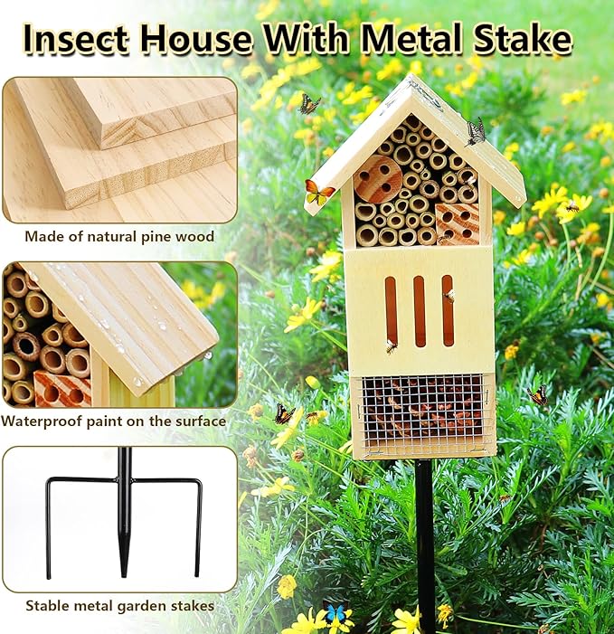Wooden Insect House, Bee House with Metal Stake for Gardens, Insect Hotel & Butterfly Hotel on The Ground or Hanging on Tree Wall, Natural Insect Habitat for Bee, Butterfly, Ladybirds, Bugs-VerdiqueGarden