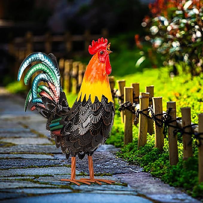 XONOR Metal Rooster Statues, Garden Chicken Decorations, Outdoor Chicken Sculpture, Metal Yard Rooster Artwork for Outdoor, Patio, Backyard and Home Kitchen Decoration (1pc, Dark Brown)-VerdiqueGarden