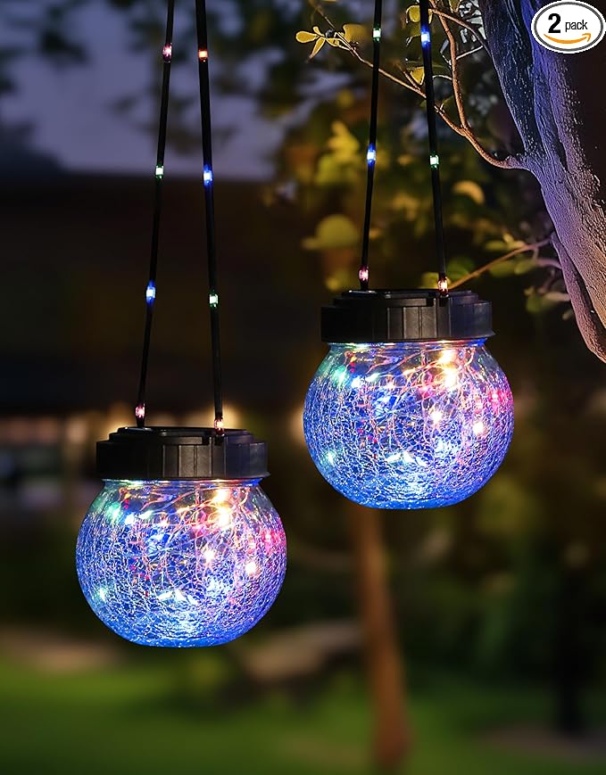 PARTPHONER Solar Lantern Solar Lights Outdoor Waterproof 2-Pack, Solar Powered Hanging Lights Cracked Glass Hanging Globes for Christmas Decoration, Shepherd Hook, Garden Tree Ornaments,Muiti-Color-VerdiqueGarden