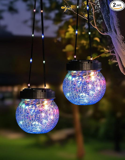 PARTPHONER Solar Lantern Solar Lights Outdoor Waterproof 2-Pack, Solar Powered Hanging Lights Cracked Glass Hanging Globes for Christmas Decoration, Shepherd Hook, Garden Tree Ornaments,Muiti-Color-VerdiqueGarden