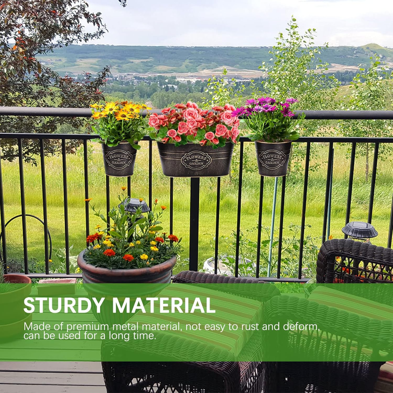 PerGar Vintage Metal Iron Wall Hanging Flower Pots, Rustic Planter Bucket Herb Flower Plant Holder with Detachable Hooks & Drainage Hole for Railing Fence Balcony Deck Garden Home Decoration, Set of 3-VerdiqueGarden