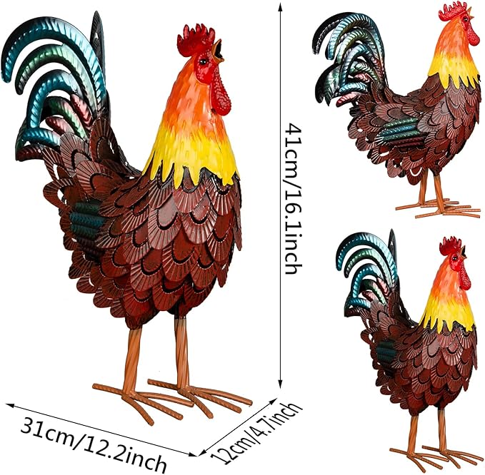 XONOR Metal Rooster Statues, Garden Chicken Decorations, Outdoor Chicken Sculpture, Metal Yard Rooster Artwork for Outdoor, Patio, Backyard and Home Kitchen Decoration (1pc, Red Brown)-VerdiqueGarden