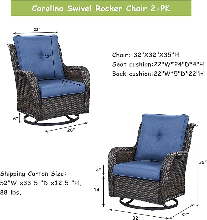 Outdoor Patio Swivel Rocker Chairs - Wicker Rattan Patio Swivel Rocking Chairs Set of 2 with High Back,Deep Seating and Comfort Cushions for Deck Porch Garden,Brown/Blue-VerdiqueGarden