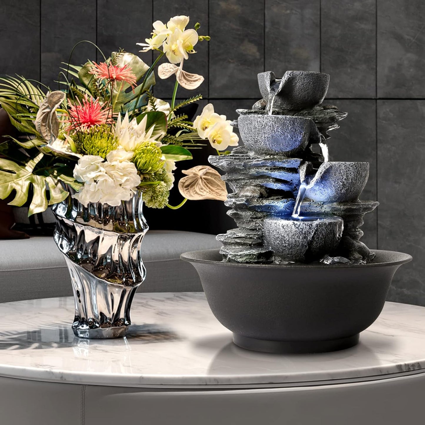 WICHEMI Indoor Water Fountain Tabletop Fountains Waterfall Fountain Indoor Water Feature Feng Shui Zen Meditation Cascading Desktop Fountains with LED Light for Home Office Indoor Decor (Style 15)-VerdiqueGarden