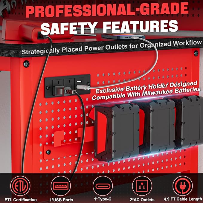 47" Heavy Duty Adjustable Workbench with Power Outlets, Pegboard & Locking Wheels - 2100LB Capacity Garage Work Table, Compatible with Milwaukee Battery, Reinforced Steel Frame for Workshop & Home Use-VerdiqueGarden