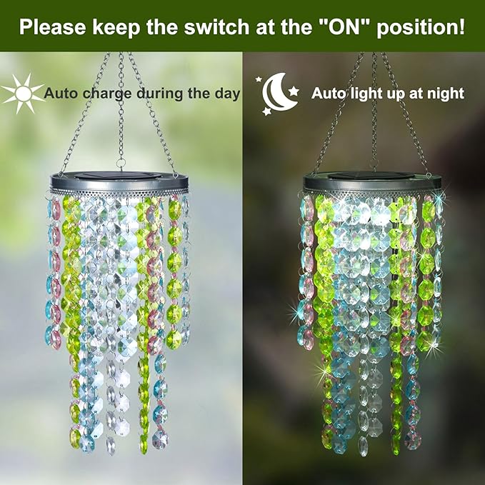 Hanging Solar Lantern Outdoor, 2 Tiers 21” Solar Multicolor Acrylic Beaded Chandelier with Cool White LED S Hooks for Garden Yard Patio Gazebo Outside Decor-VerdiqueGarden
