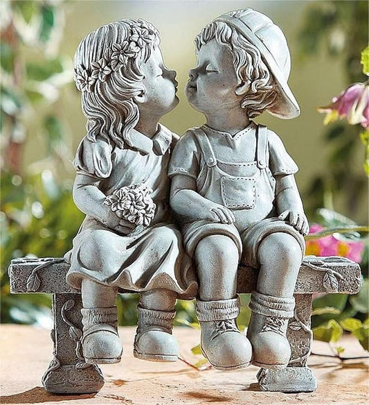 Elenon Garden First Kiss Outdoor Statue Decorative, Flower Bed Decor Boy and Girl Garden Statues, Couple Puppy Love Garden Sculpture for Yard Patio Art Decoration-VerdiqueGarden