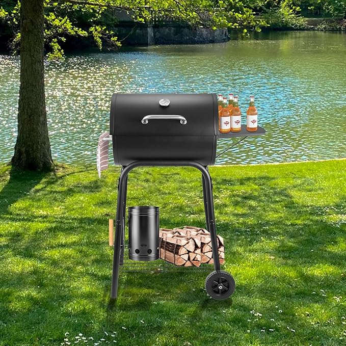 Barrel Charcoal Grill, Large Charcoal Grills with Side Shelf, Outdoor BBQ Grill,Perfect for Backyard Camping, Patio Parties, and Picnics-VerdiqueGarden