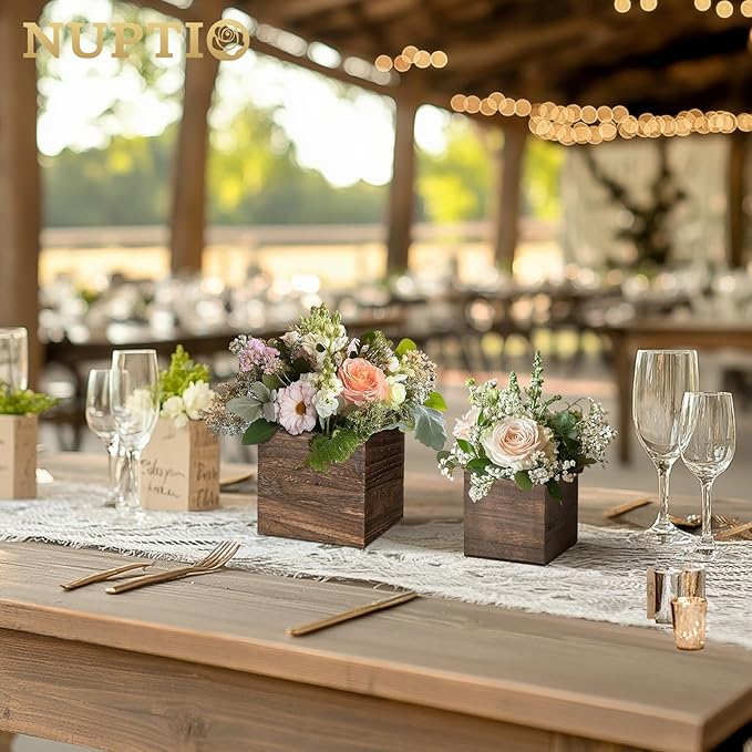NUPTIO Wooden Box for Centerpiece Wedding: 6 Pcs Rustic Square Planter Box for Christmas Centerpiece Table Fall Decorations - 4×4" & 5×5" Small Wood Vases Flower Pots for Windowsill Home Garden Decor-VerdiqueGarden